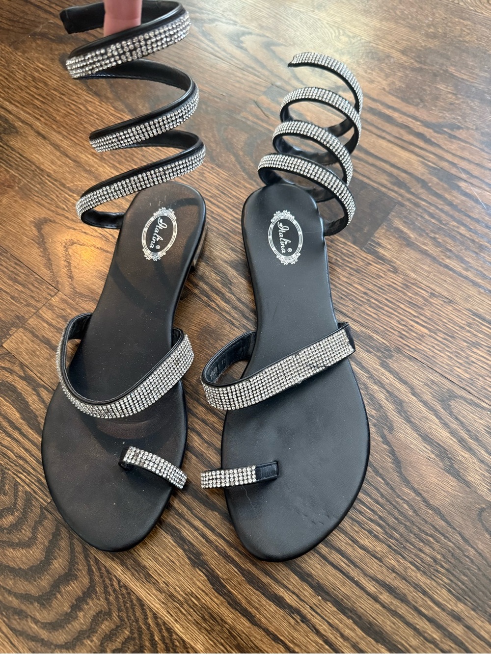 Alara Black Rhinestone Spiral Wrap Sandals